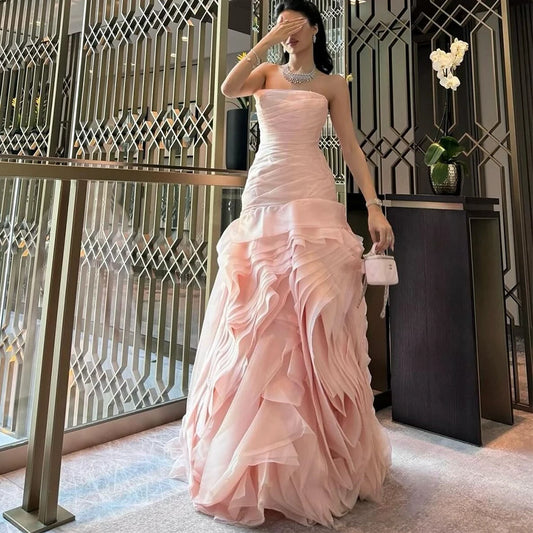 Strapless Organza A-Line Formal Gown | Ruffled Pleated Bespoke Evening Dress Luxegan