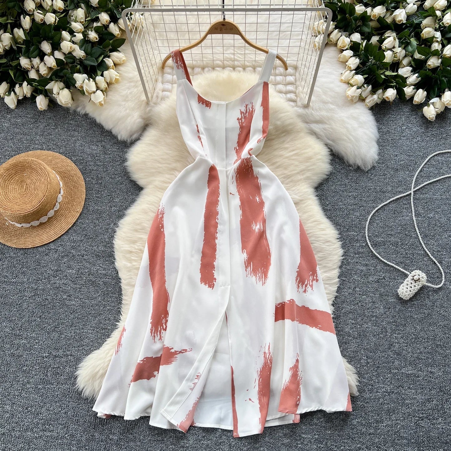 Women's Elegant Summer Print Midi Sundress | Sweet O-Neck Backless Vacation Beach Dress | High Waist Split Regular Fit Camisole Gown | Premium Tatting A-Line Spaghetti Strap Luxegan