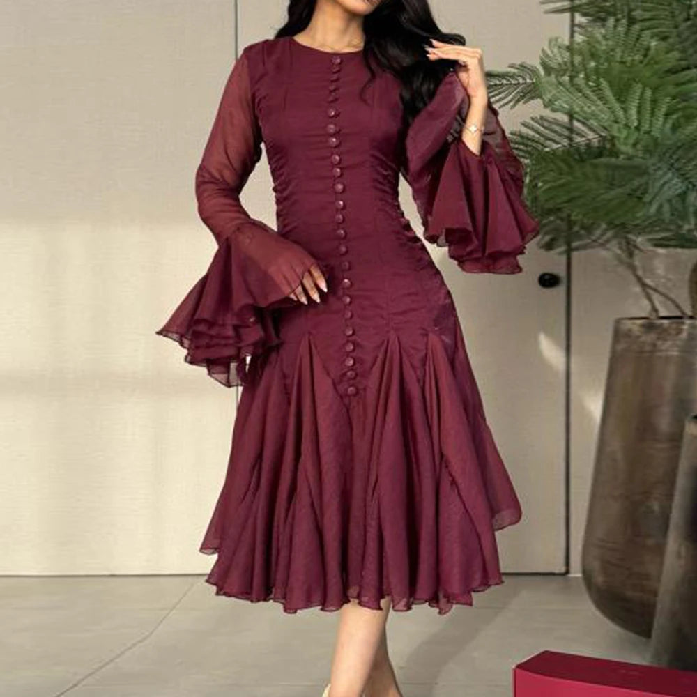 Patchwork Ruffle Butterfly Sleeve Midi Dress | Round Neck Irregular Hem High Waist Elegant Dress Luxegan