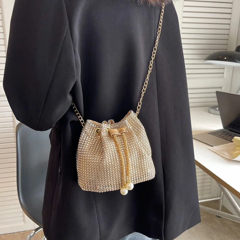 Sparkling Rhinestone Embellished Drawstring Crossbody Bag, Multi-Functional Bucket Purse, Formal Handbag for Women Daily Commute Luxegan