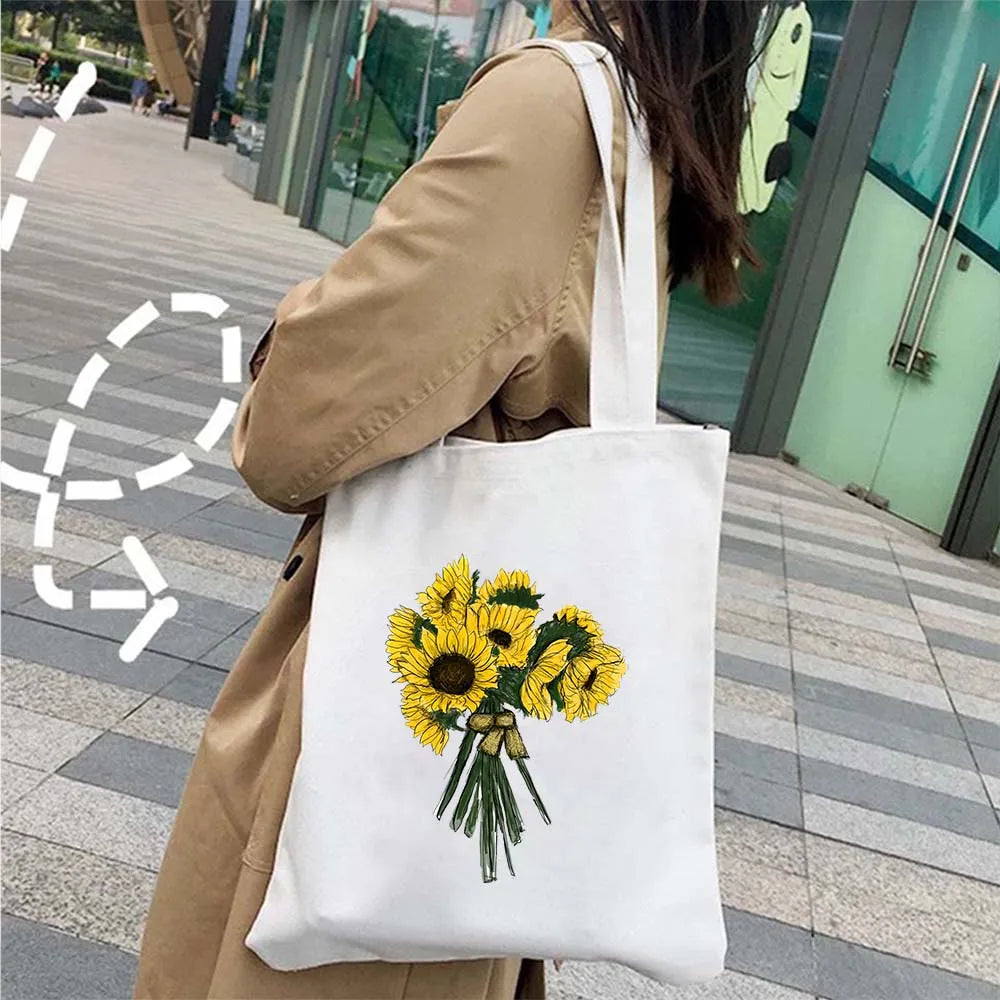 Succulove Floral Cotton Tote Bag | Large Capacity Handbag with Tulips, Hydrangeas, Sunflowers & More (Casual Shoulder Shopper, Eco-Friendly) Luxegan