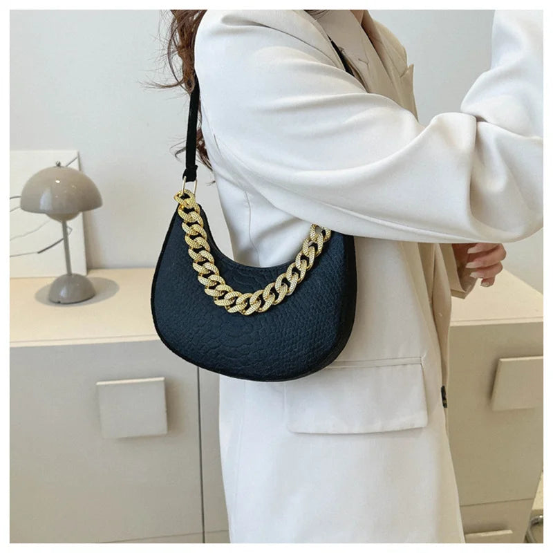 Fashion Women's Felt Handbag | Imitation Metal Chain Underarm Bag (Retro Ladies Solid Color Shoulder Bag, Trendy Casual Clutch Purse) Luxegan