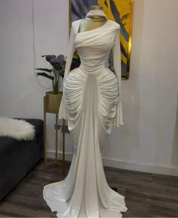 Women's Skew Neck Flare Sleeve Ruched Maxi Dress with Scarf – Floor-Length Luxegan