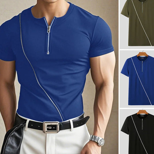Half-Zipper Design T-Shirt | Sophisticated O-Neck Short-Sleeve Silhouette | Elegant "Spring and Summer" Handsome Camiseta | "Dignified" Lightweight Broadcloth Top for Radiant Versatile Styling Luxegan