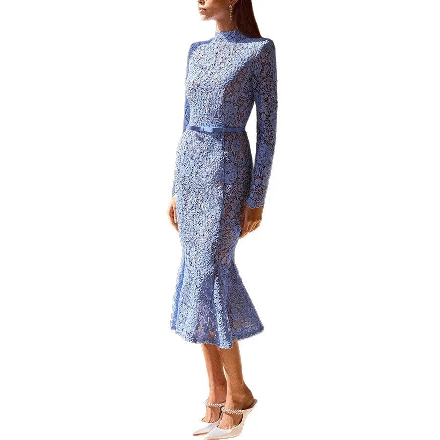 Elegant Embroidered Lace Formal Evening Dress | No Lining Hollow Out Long Sleeve Mermaid Dress | Summer Midi Vestidos with Belted Empire Waist | Slim Fit O-Neck Puff Sleeve Holiday Dress Luxegan