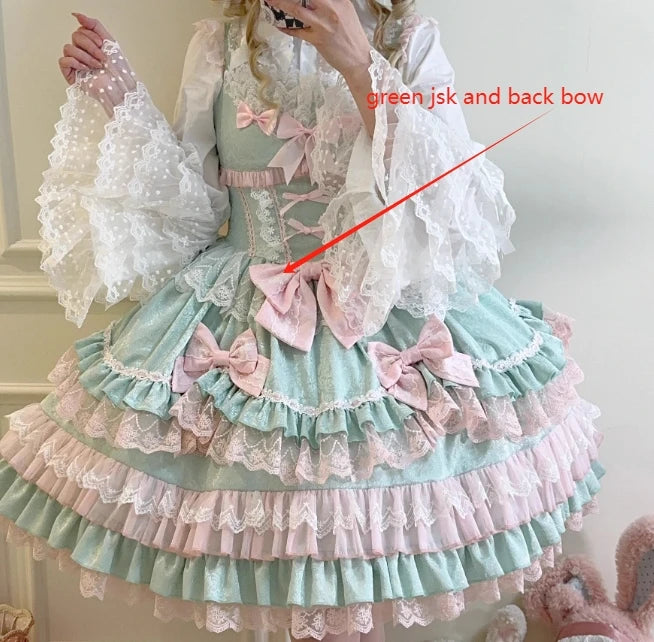 Women's Sweet Lolita JSK Suspender Dress Set | Original Doll Feeling Princess Fairy Mini Gown | Elegant Lace Bow Spaghetti Strap Cake Dress | Premium Tatting Slight Stretch Empire Waist Vestido Luxegan