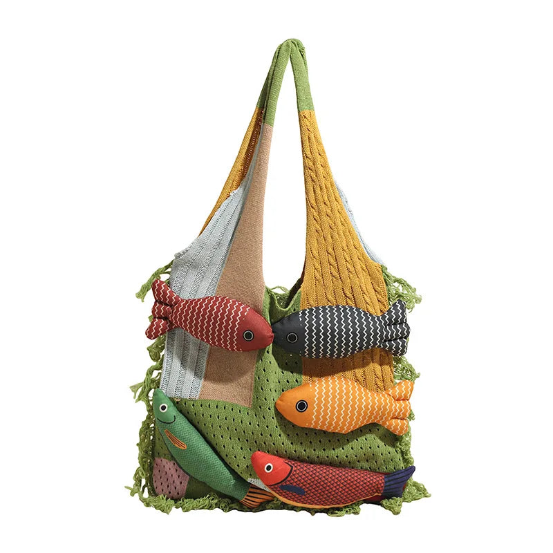 Creative 3D Fish Decoration Shoulder Bag | Fashionable Contrast Color Stitching Tote | Large Capacity Canvas Handbag with Animal Print | Soft Linen-Lined Casual Beach & Travel Bag Luxegan 