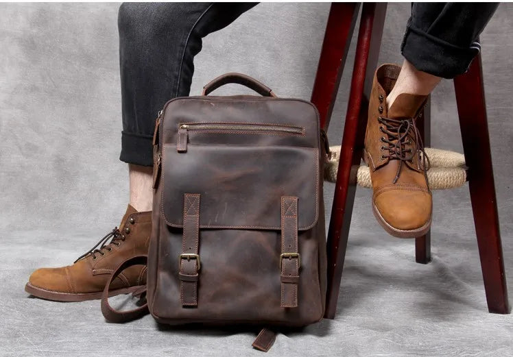 Vintage Crazy Horse Genuine Leather Backpack | Large Capacity Cowhide Travel Rucksack | 17-Inch Laptop Bag for Men &amp; Hiking Backpack (Model M-815) Luxegan