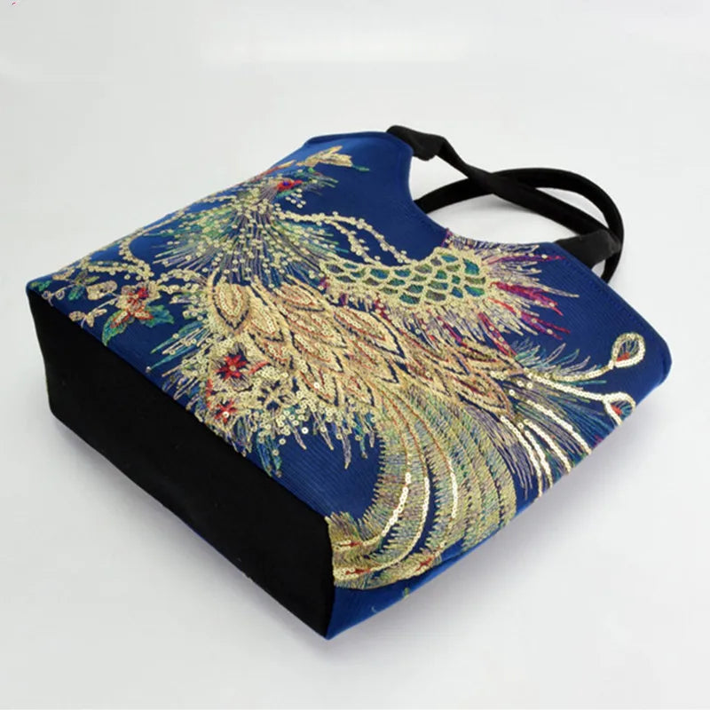 Ethnic Style Sequins Tote Bag | Peacock Embroidery Handbags & Vintage Canvas Crossbody Bag Luxegan