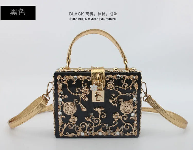 Designer Box Evening Bag | Luxury Diamond Flower Acrylic Clutch | Hollow Relief Banquet Party Purse with Organic Cotton Lining Luxegan