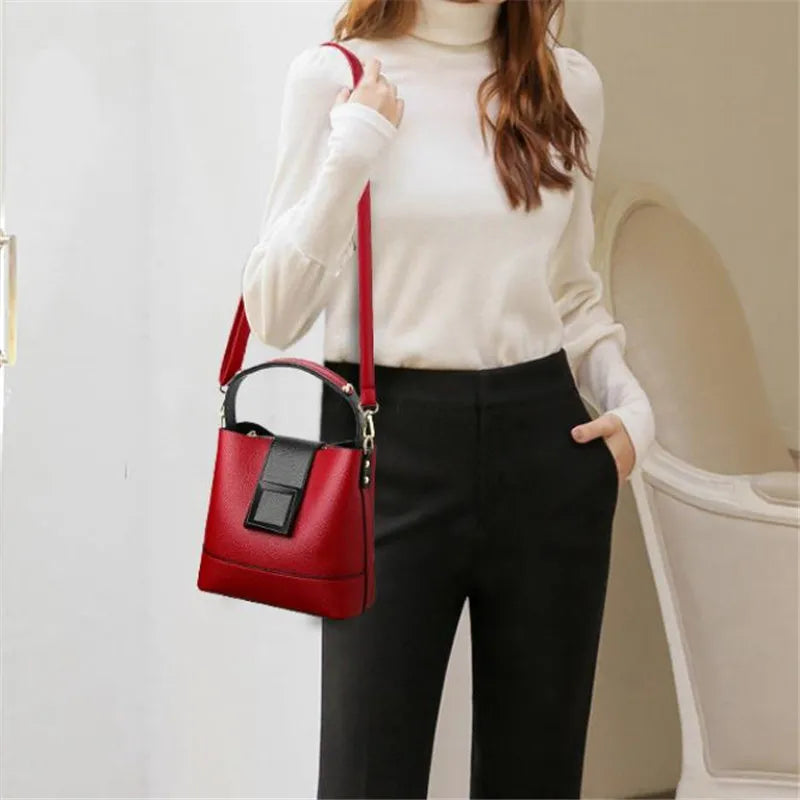 New Versatile Leather Bucket Tote Bag | Sophisticated Trendy Female Shoulder Handbag | Elegant Large Capacity Fashion Crossbody | Luxury Vintage Business Bag with Hasp & Zipper Closure Luxegan