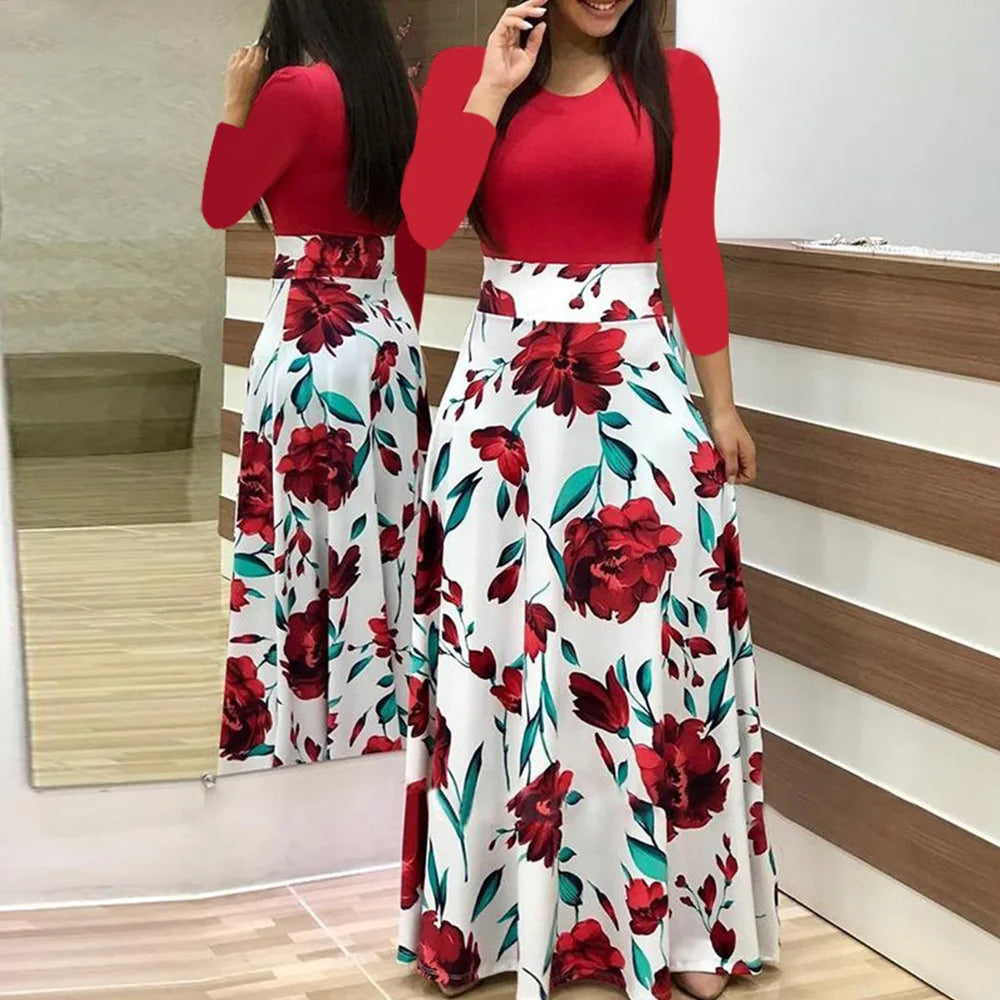 Print Round Neck Regular Fit Straight Ankle-Length Dress – Short & Long Sleeve Options, Spring/Summer