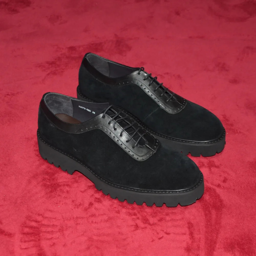 Designer Luxury Platform Oxfords for Men | Cow Suede Genuine Leather Black & Blue Casual Sneakers (Height Increasing) Luxegan