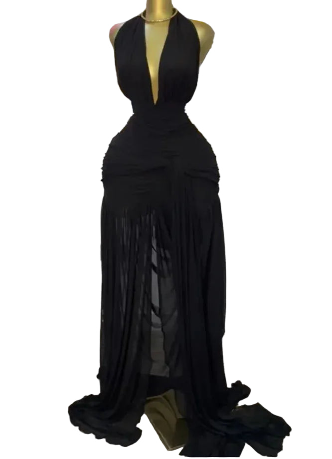 Floral Halter Backless Maxi Dress | V-Neck Ruched Ruffles Fit & Flare Party Dress Luxegan