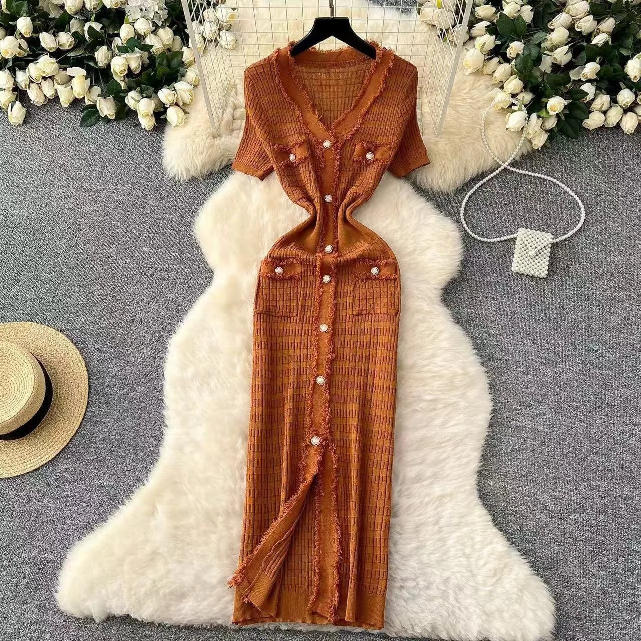V-Neck Short Sleeve Tassel Striped Knit Pencil Midi Dress | Slim Fit Elegant Office Lady Summer Dress Luxegan