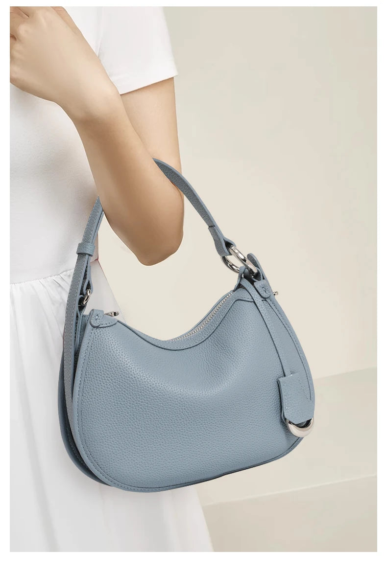 Premium First Layer Cowhide Underarm Bag | Niche Designer Minimalist Blue Shoulder Bag | Fashionable Soft Leather Saddle Handbag | Elegant Female Hobo Bag (Model Q1588) Luxegan