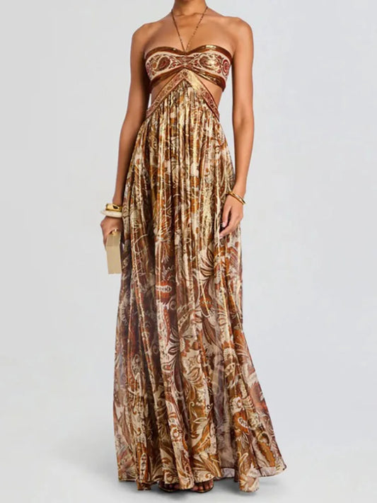 Vintage Print Bohe Beach Dress | Elegant Backless Lace-Up Party Gown | Sexy Halter Sleeveless Pleat Long Dress | Premium Tatting Slight Stretch Regular Fit A-Line Dress Luxegan