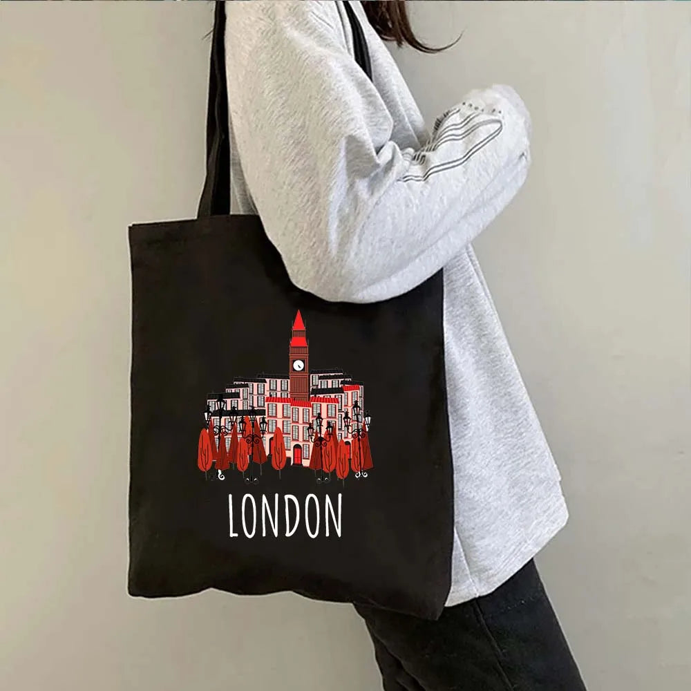 London Big Ben England Map Flag Canvas Tote Bag | UK City Landscape Skyline Shoulder Shopping Handbag (Women's Tourist Gift) Luxegan