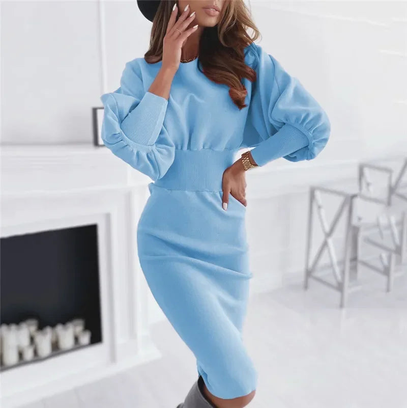 Solid Lantern Sleeve Round Neck Slim Pencil Mid-Calf Dress – Knit, Natural Waist, Autumn Luxegan