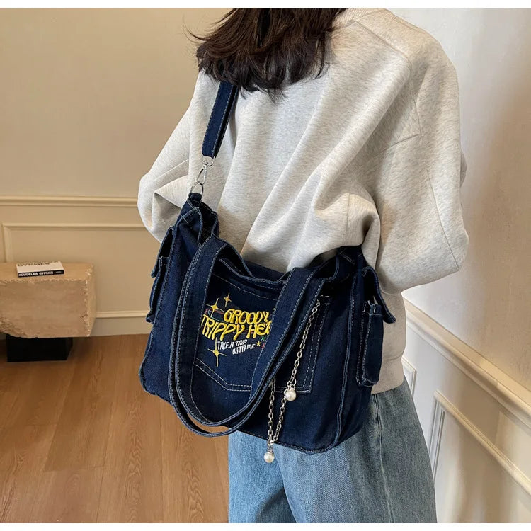 Large Capacity Denim Bag for Women | Casual Versatile Crossbody Commuting Bag | Travel Storage Bucket Handbag Luxegan