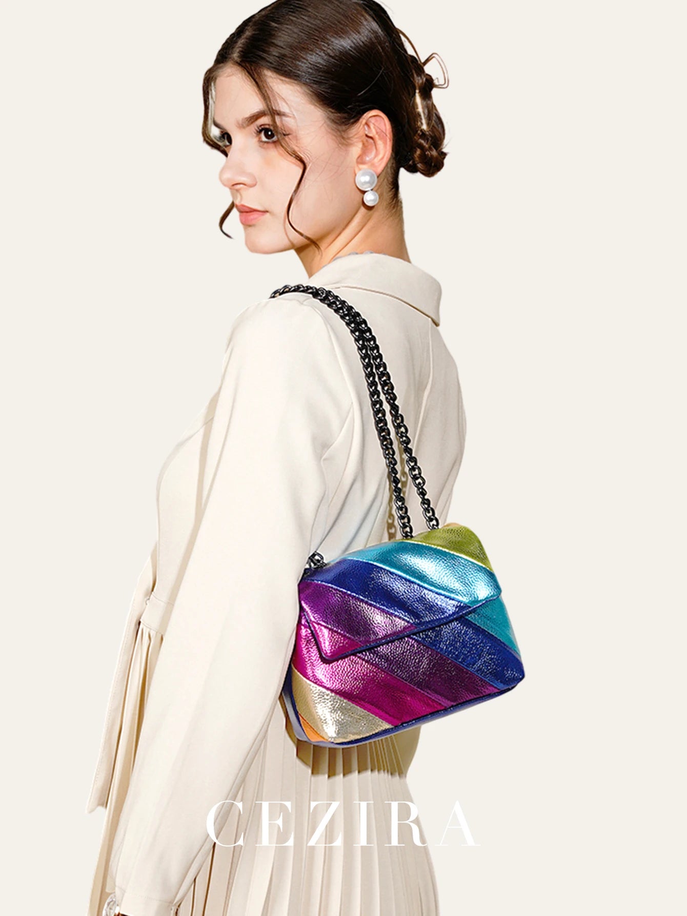 Women’s Funky Metallic Mini Shoulder Bag | Colorful Stripe Patchwork PU Leather Handbag | Fashion Flap Crossbody with Metal Chain Detail (Model CRP-2311437) Luxegan