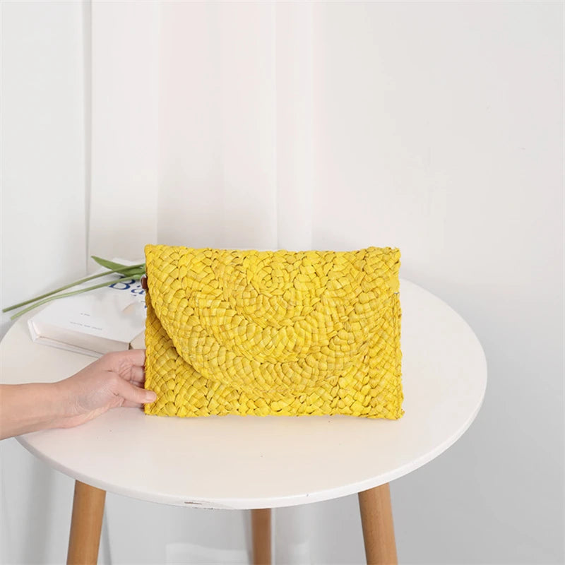 Artisan Corn-Husk Weave Dinner Clutch | Sophisticated Simple Straw Summer Purse | Elegant Embroidered Vacation Handbag | "Dignified" Soft Satchel Wallet for Versatile Seasonal Styling Luxegan