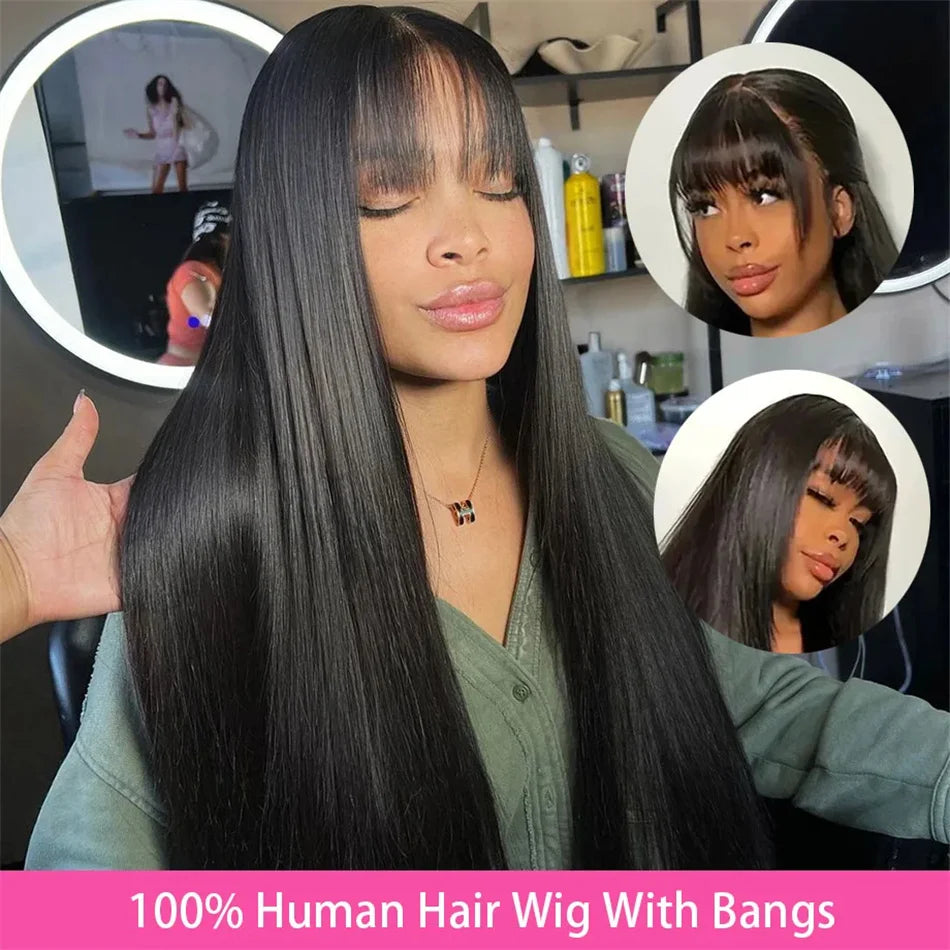 Silky Straight Human Hair Wig with Bangs - Full Machine-Made Glueless Medium-Length Wig - 100% Brazilian Remy Human Hair Natural Black Fringe Wig for Women (18-24 Inch Clearance Sale) Luxegan