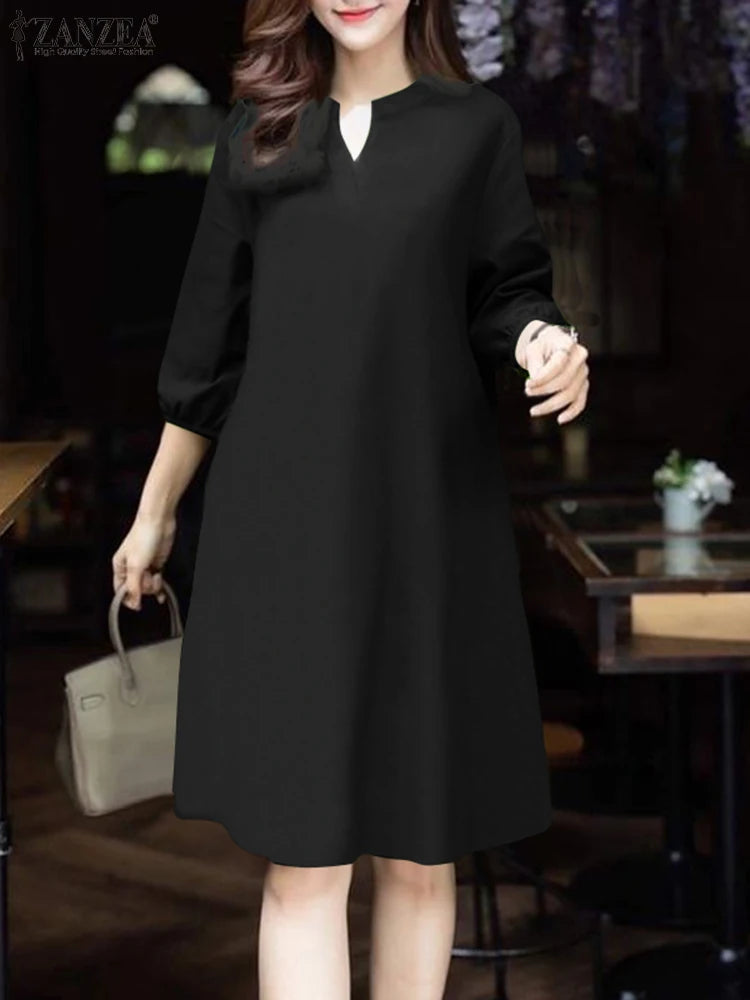 V-Neck Puff Sleeve A-Line Midi Dress | Elegant Solid Work & Casual Autumn Dress Luxegan