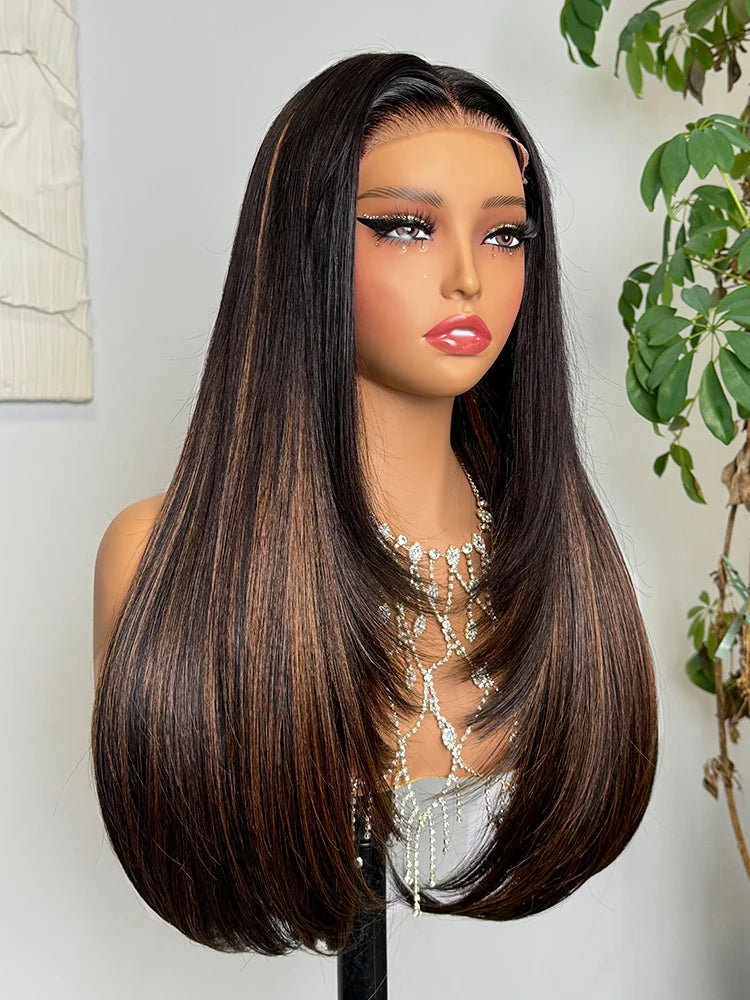 Long Bone Straight Transparent Lace Wig - Half Machine-Made & Half Hand-Tied Swiss Lace Frontal Wig - 1Piece Glueless Straight Long Wig for Women (26+ Inch, Natural Color) Luxegan