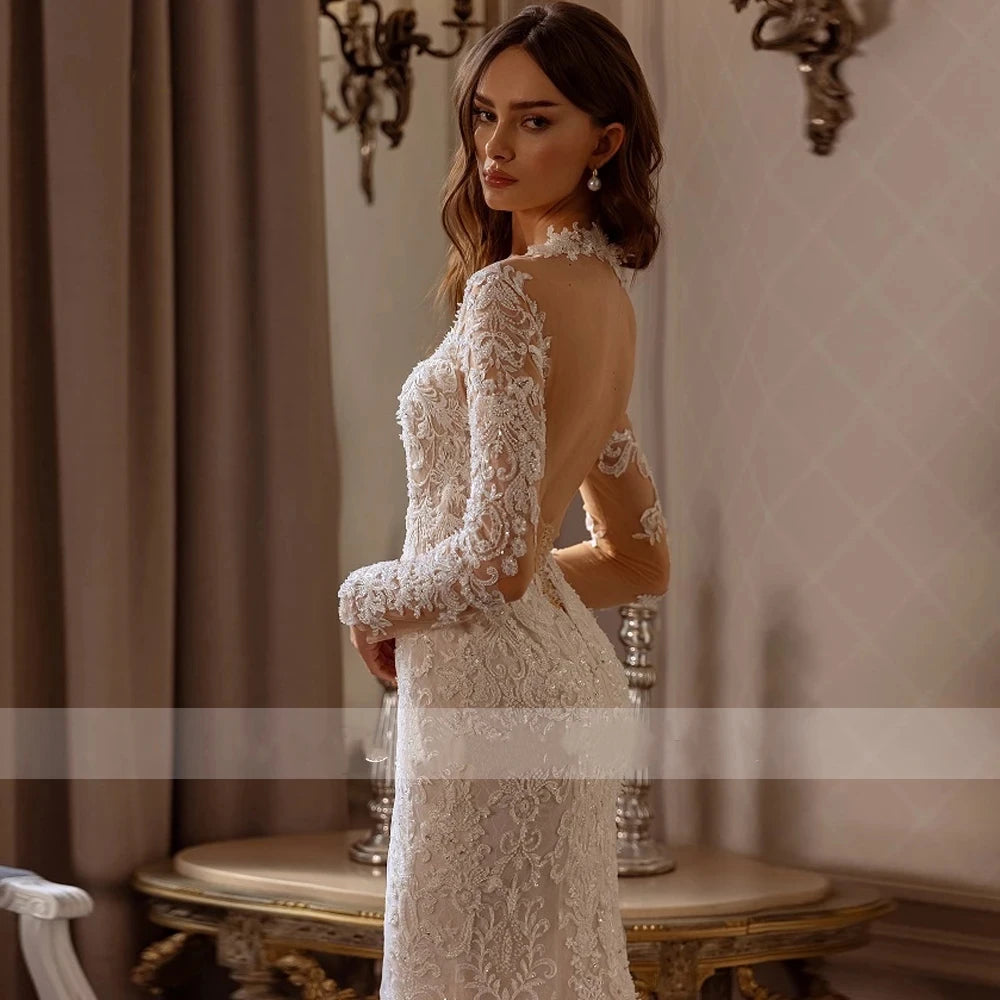 Exquisite Sweetheart Mermaid Wedding Dress | Luxurious Long Sleeve Lace Applique Bridal Gown | Sexy Backless Embroidered Vestidos De Novia | Custom Floor-Length Bridal Gown with Sweep Train Luxegan