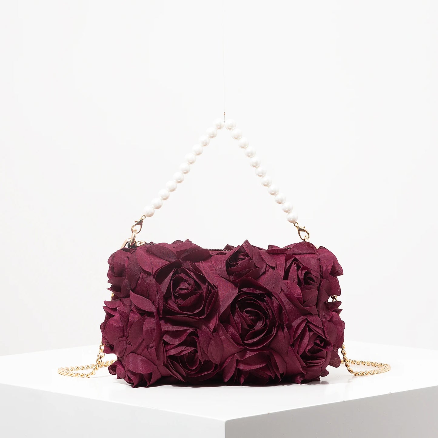 Polyester Floral Square Bag | Soft Elegant Rose Flower & Faux Pearl Dinner Clutch Luxegan