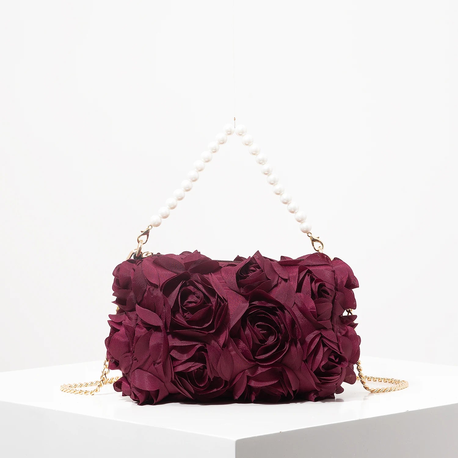 Polyester Floral Square Bag | Soft Elegant Rose Flower & Faux Pearl Dinner Clutch Luxegan