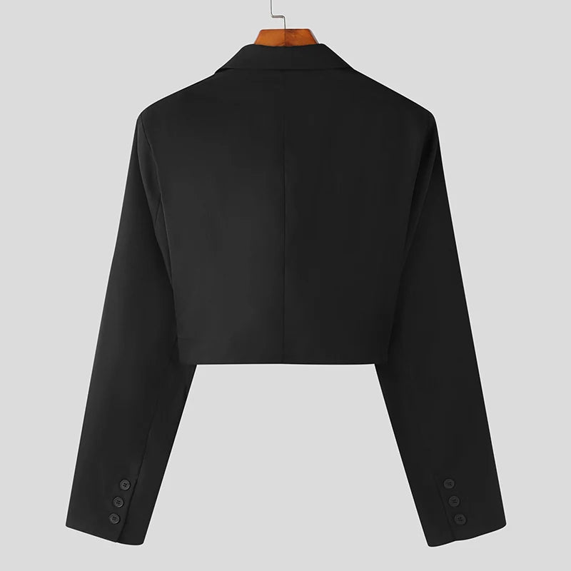 Men's Solid Color Lapel Crop Blazer | Sophisticated "Streetwear" Short Silhouette | Elegant One-Button Autumn Suit | "Dignified" Full Sleeve Fashion Coat for Radiant Versatile Styling Luxegan
