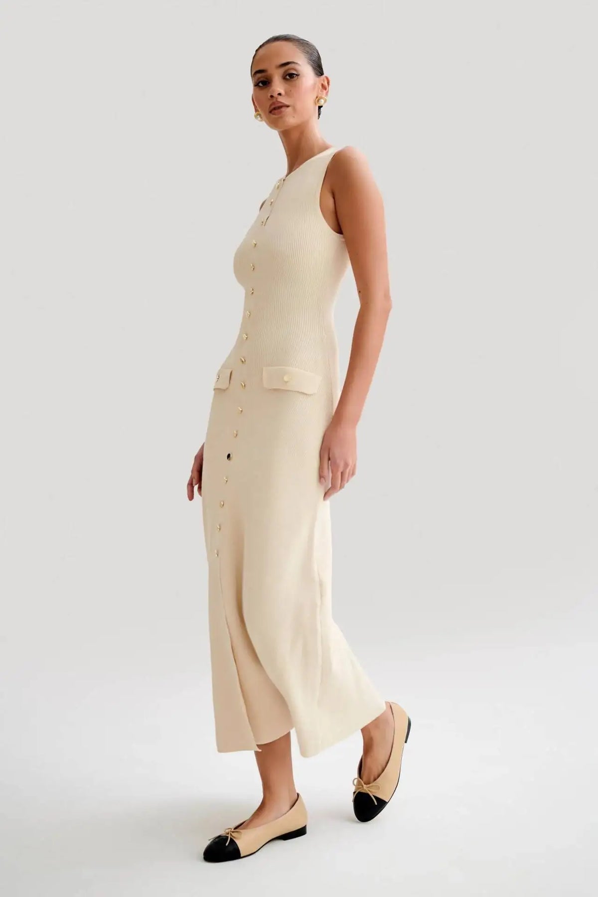 Solid O-Neck Sleeveless Tank Button Detail Slim Fit A-Line Mid-Calf Dress – High Stretch Knitted Polyester, Empire Waist, Summer Luxegan