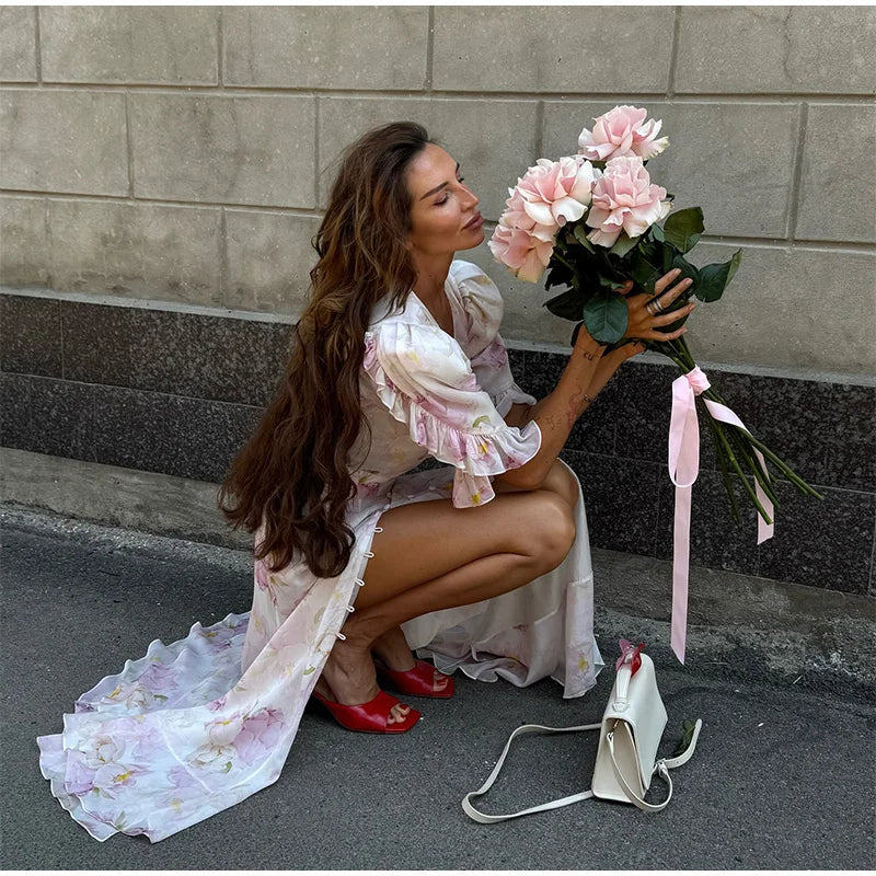 Organza Floral Printed Maxi Dress V-Neck  Puff Sleeve 2026 Spring/Summer Romantic Women Party Gown Fashion Elegant Lady Vestidos