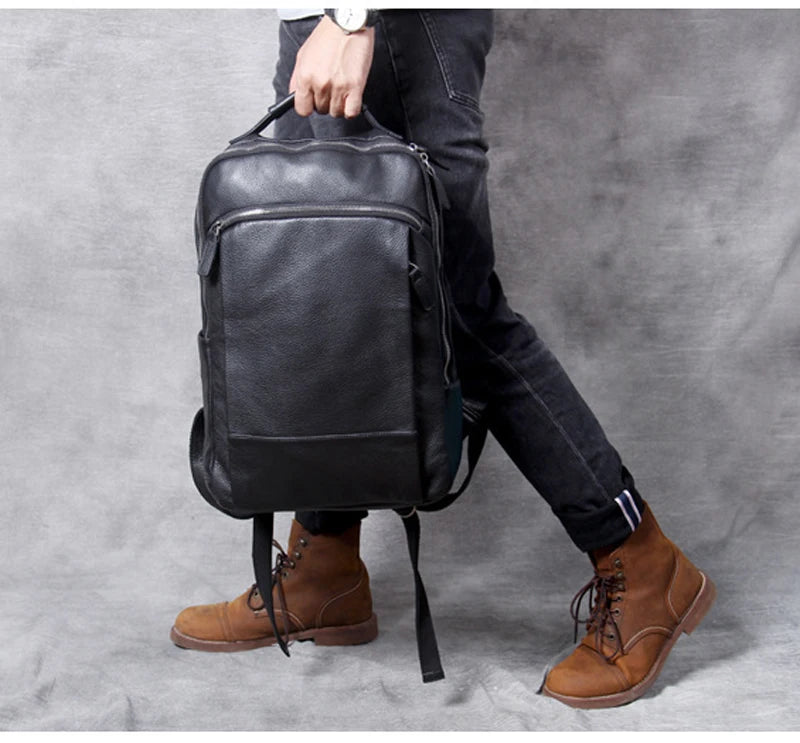 High-Quality Genuine Cow Leather Backpack | Fashion Urban Rucksack & Student School Bag | Large 35L Capacity Travel Knapsack with 15-inch Laptop Compartment Luxegan