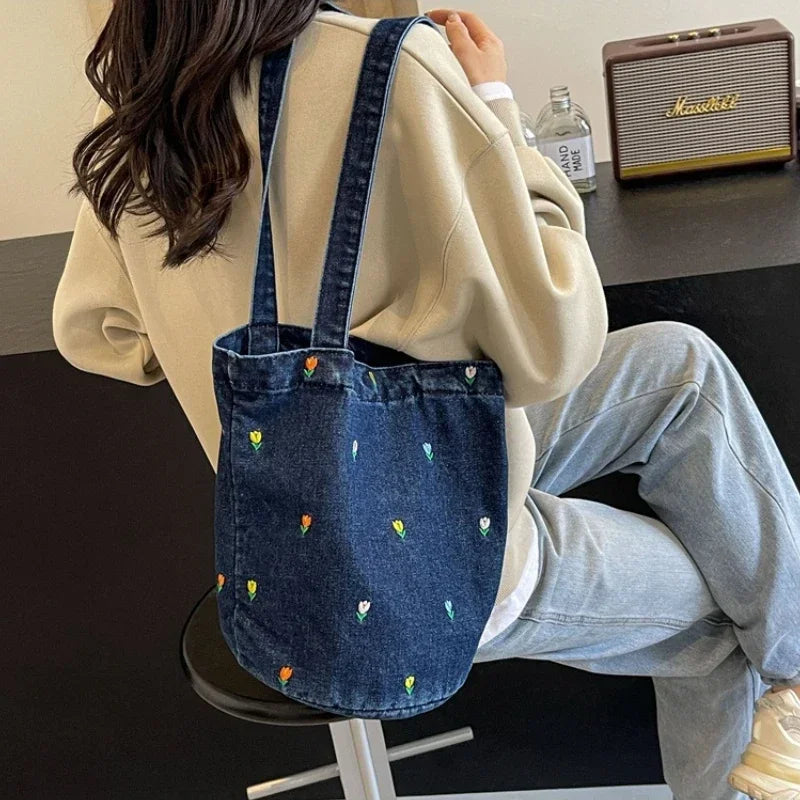 Designer Denim Bucket Bag | Vintage Floral Canvas Shoulder Bag & Crossbody | Casual Unisex Tote with Linen Lining and Hasp Closure Luxegan
