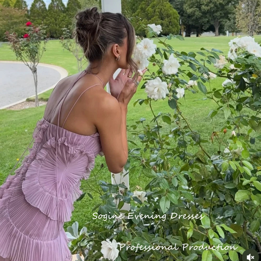 Halter Chiffon Cocktail Party Dress | Pleated Ruffle Asymmetric Evening Dress Luxegan