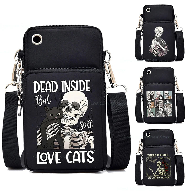 "Dead Inside But Love Cats" Shoulder Bag | Sophisticated Funny Vintage Skeleton Purse | Elegant Cartoon-Print Mobile Phone Bag | "Dignified" Soft Nylon Mini-Handbag for Versatile Casual Styling Luxegan