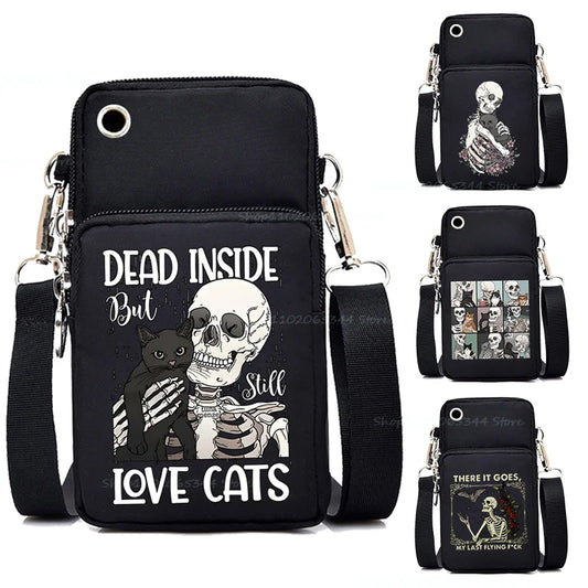 "Dead Inside But Love Cats" Shoulder Bag | Sophisticated Funny Vintage Skeleton Purse | Elegant Cartoon-Print Mobile Phone Bag | "Dignified" Soft Nylon Mini-Handbag for Versatile Casual Styling Luxegan