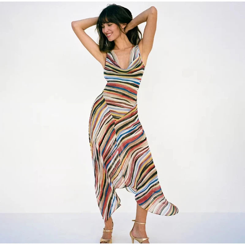 2026 Women Colorful Wavy Striped Maxi Dress Chic Swinging Collar Sleeveless Slim Waist Holiday Dresses Summer Lady Vacation Robe