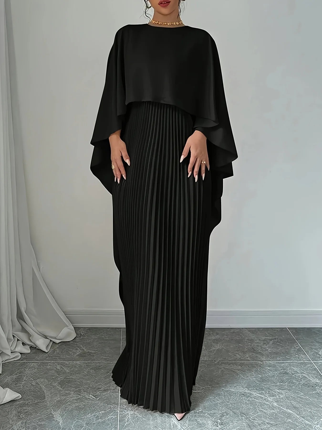 Women's Fashion Loose Bat Sleeve Long Dress | Elegant Spring Summer Curling Irregular Dress | Minimalist O-Neck Seven-Inch Sleeve Gown | Premium Acetate Slight Stretch Casual Floor-Length Vestido Luxegan