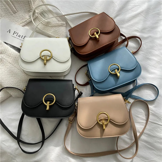 PU Leather Saddle Bag with Fashion Lock | Solid Color Flap Crossbody Purse Luxegan