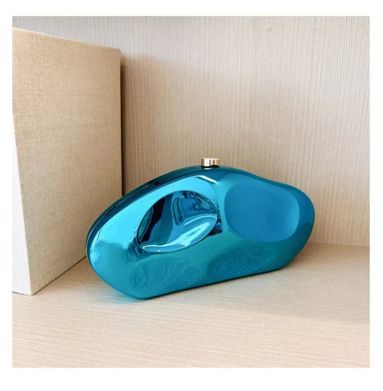 Hard Acrylic Shell Minaudiere | Gold/Silver/Blue Metal Shiny Evening Clutch Luxegan