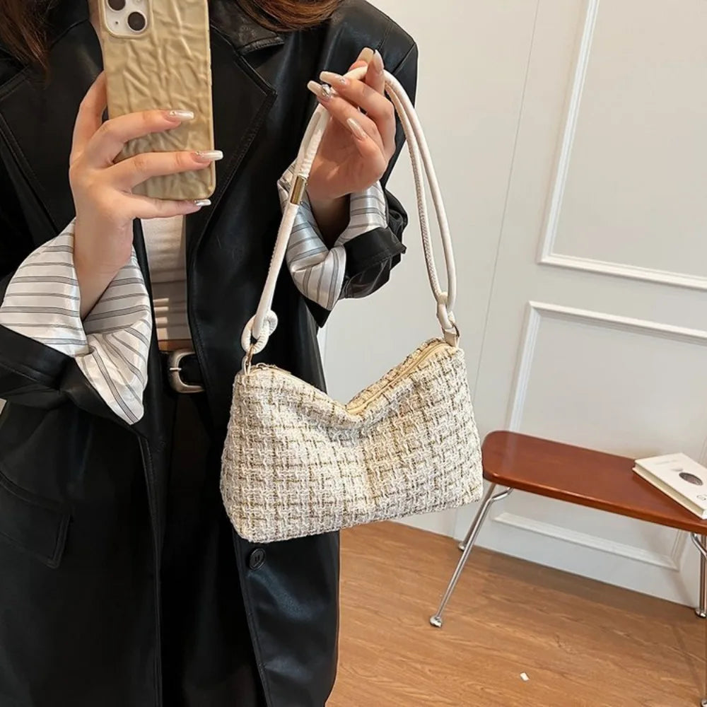 Hobos Luxury Designer Soft Woolen Plaid Underarm Bag | Korean Style New Crossbody Purse with Appliques for Party Luxegan