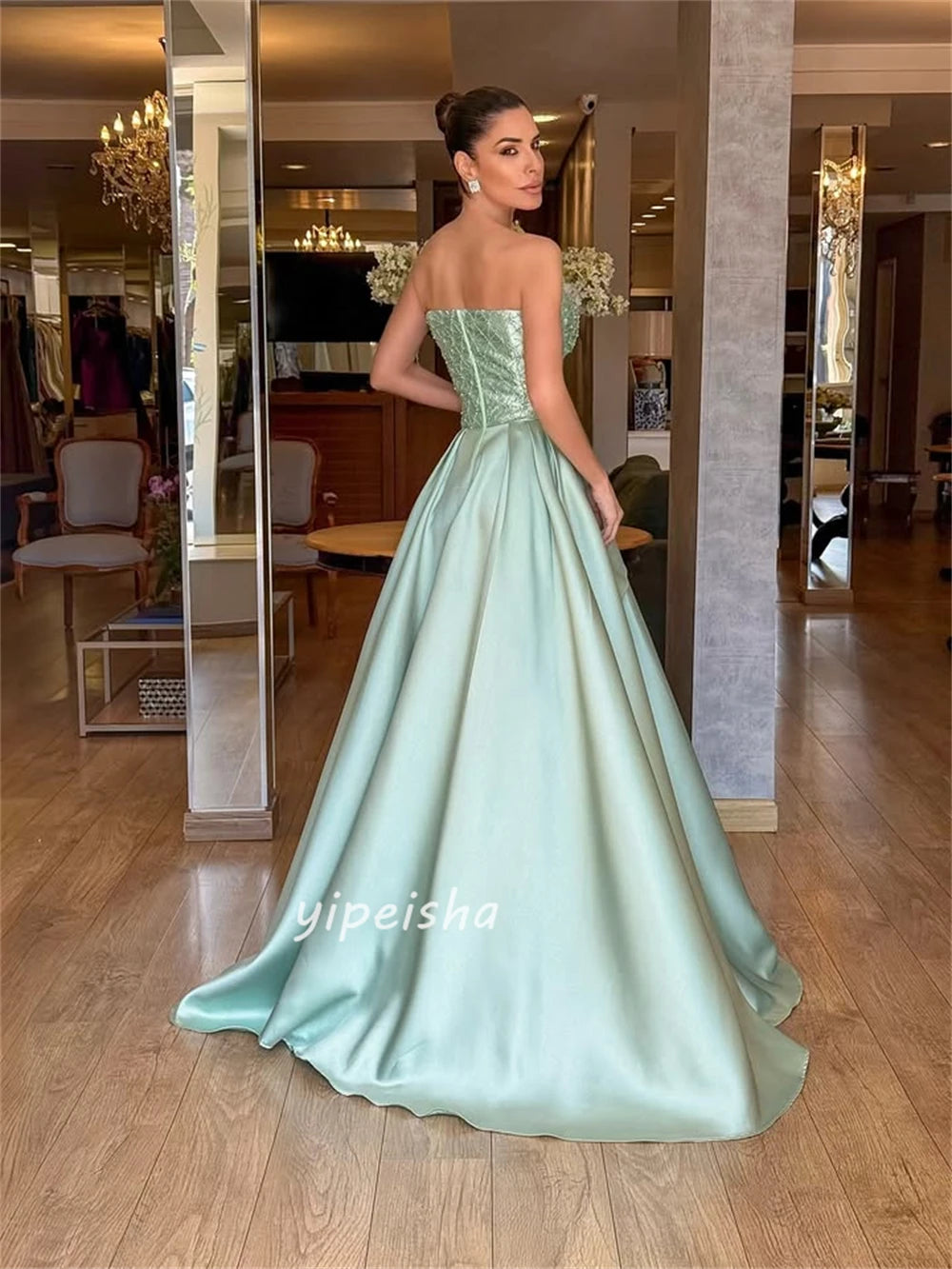 High-Quality Intricate Charmeuse Beading Gown | Strapless Ruched A-Line Long Dress | Elegant Floor-Length Sleeveless Bespoke Formal Evening Dress Luxegan