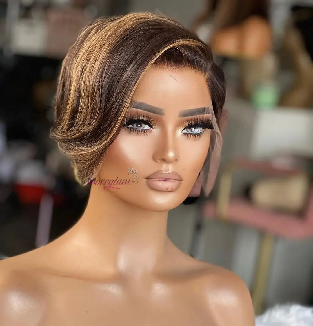 Short Bob Wig Pixie Cut Wig Straight Human Hair Wig 13X4 Transparent Lace Frontal Wig For Women Highlight Straight Pixie Cut Wig