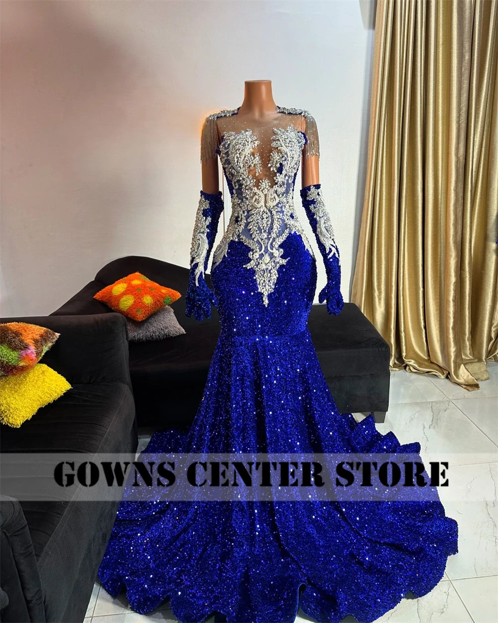 Royal Blue Luxury Crystal Beaded Mermaid Prom Dress | Exquisite Tassel Evening Gown with Matching Gloves | Sleeveless O-Neck Velour Formal Dress with Sweep Train Luxegan