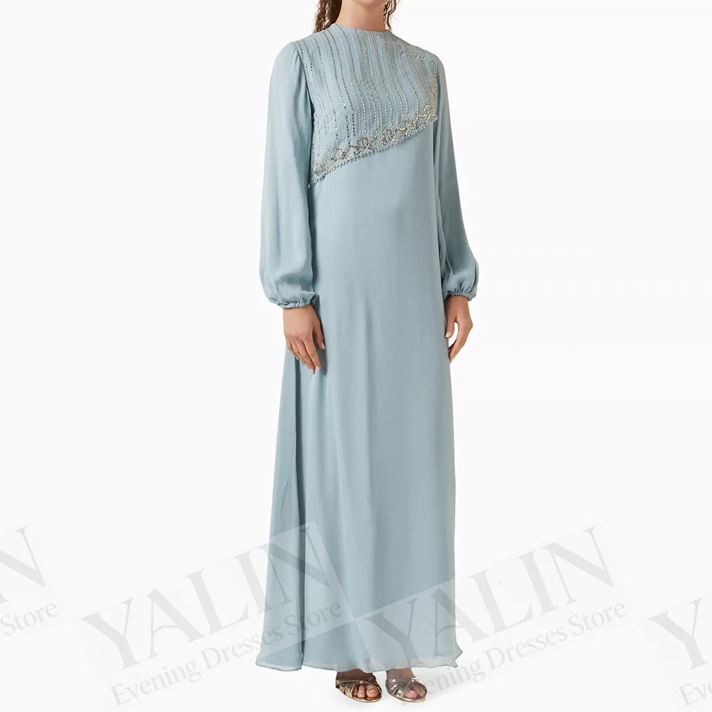 Women's Beaded A-Line Evening Gown – Ankle-Length, Full Sleeve Prom Dress