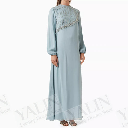 Women's Beaded A-Line Evening Gown – Ankle-Length, Full Sleeve Prom Dress